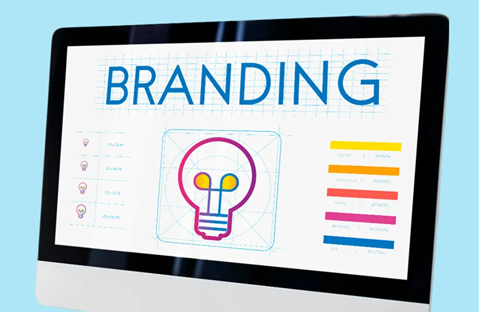 Computer screen displaying branding design with a colorful logo